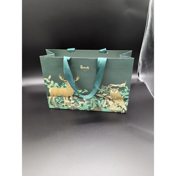 Harrods Knightsbridge London Medium Gift Bag Green w/ Deer/Elk & Owl - Picture 6 of 6